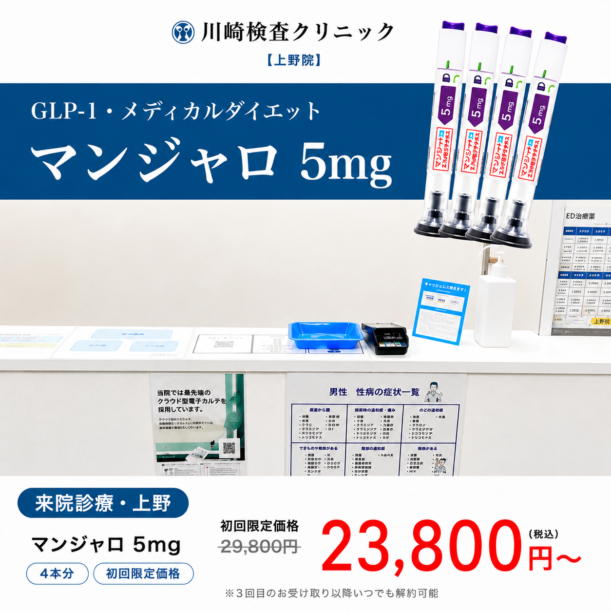 【川崎検査クリニック上野院】来院診療｜マンジャロ2.5㎎・5mg・7.5mg / 1〜3ヶ月分（定期便）